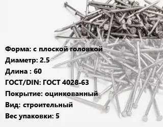 Гвоздь с плоской головкой 2.5х60 ГОСТ: ГОСТ 4028-63 оцинкованный строительный 5
